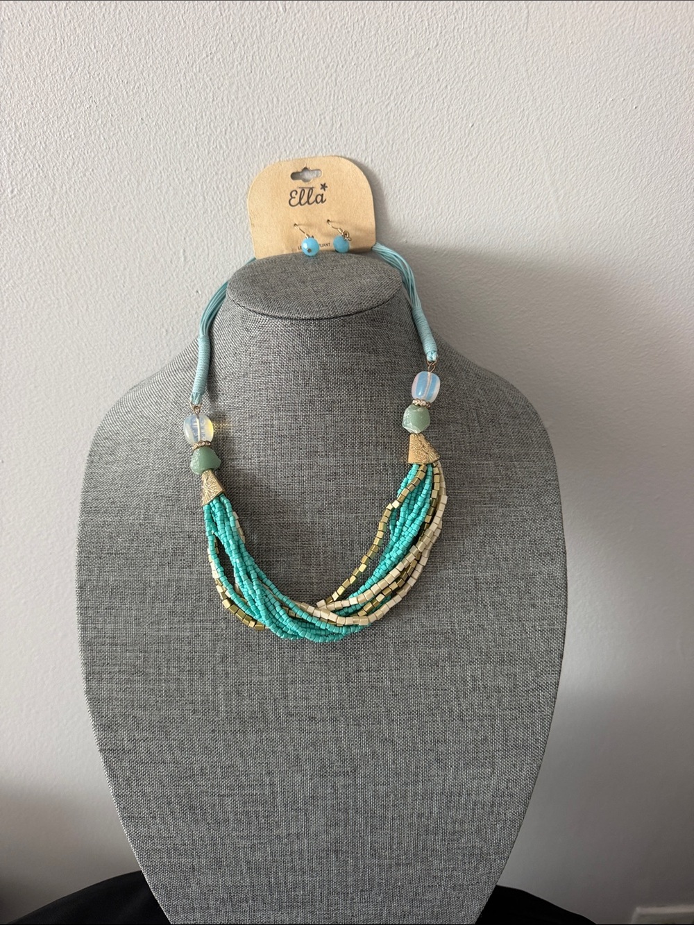 Ella Turquoise and Cream Layered Beaded Necklace and Earrings with Gold Accents